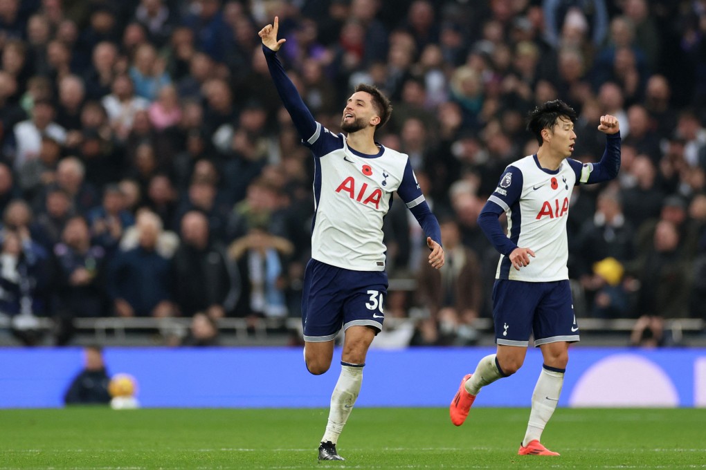 Tottenham Hotspur’s Rodrigo Bentancur celebrates with teammate Son Heung-min after scoring a goal against Ipswich Town last week. Photo: Reuters