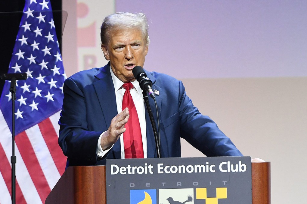 Then Republican presidential candidate Donald Trump touts a plan to revive the US auto industry through aggressive tariffs on foreign imports and other measures during a speech to the Detroit Economic Club On October 10, 2024. Photo: TNS