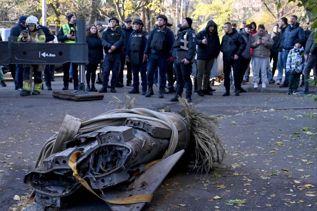 The remains of a downed Russian Zircon hypersonic missile, after it struck a five-storey residential building in Kyiv on Sunday. Photo: AFP