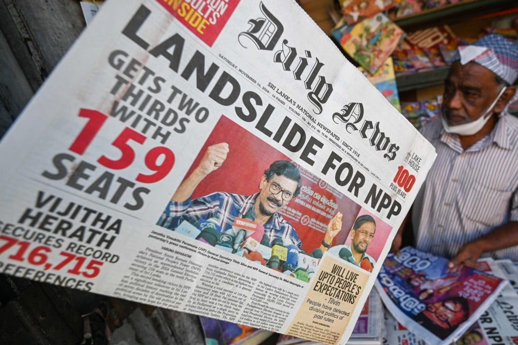 A vendor displays newspapers for sale at a stall in Kandy on November 16, 2024. Sri Lankan President Anura Kumara Dissanayake’s leftist coalition won a majority in snap parliamentary polls, provisional results showed on November 15. Photo: AFP