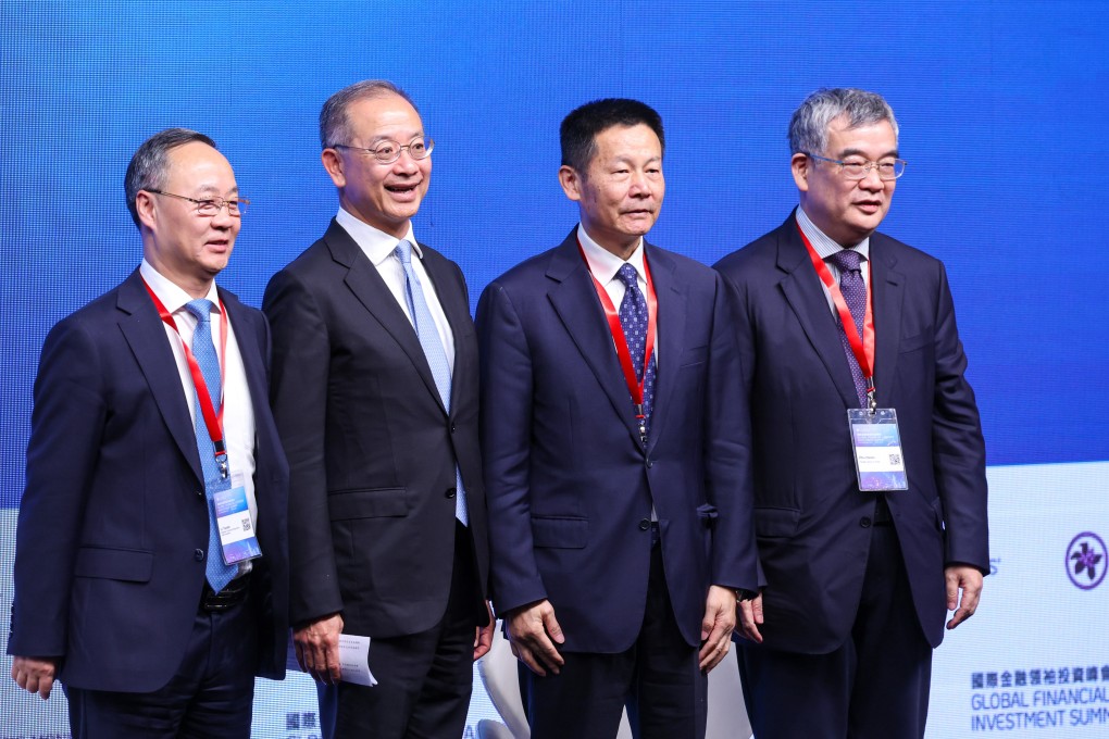 (L to R)Eddie Yue, Chief Executive of Hong Kong Monetary Authority; Li Yunze, Minister, National Financial Regulatory and Administration; Wu Qing, Chairman, China Securities Regulatory Commission; Zhu Hexin, Deputy Governor, People’s Bank of China and Administrator, State Administration of Foreign Exchange; at the Global Financial Leaders’ Investment Summit at the Grand Hyatt hotel in Wan Chai on 19 November 2024. Photo: Dickson Lee