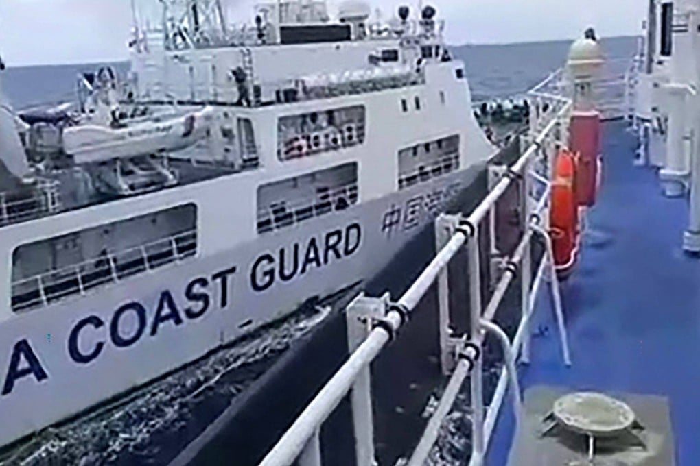 A Chinese coastguard ship collides with a Philippine vessel near Sabina Shoal in the South China Sea in August. Photo: AFP