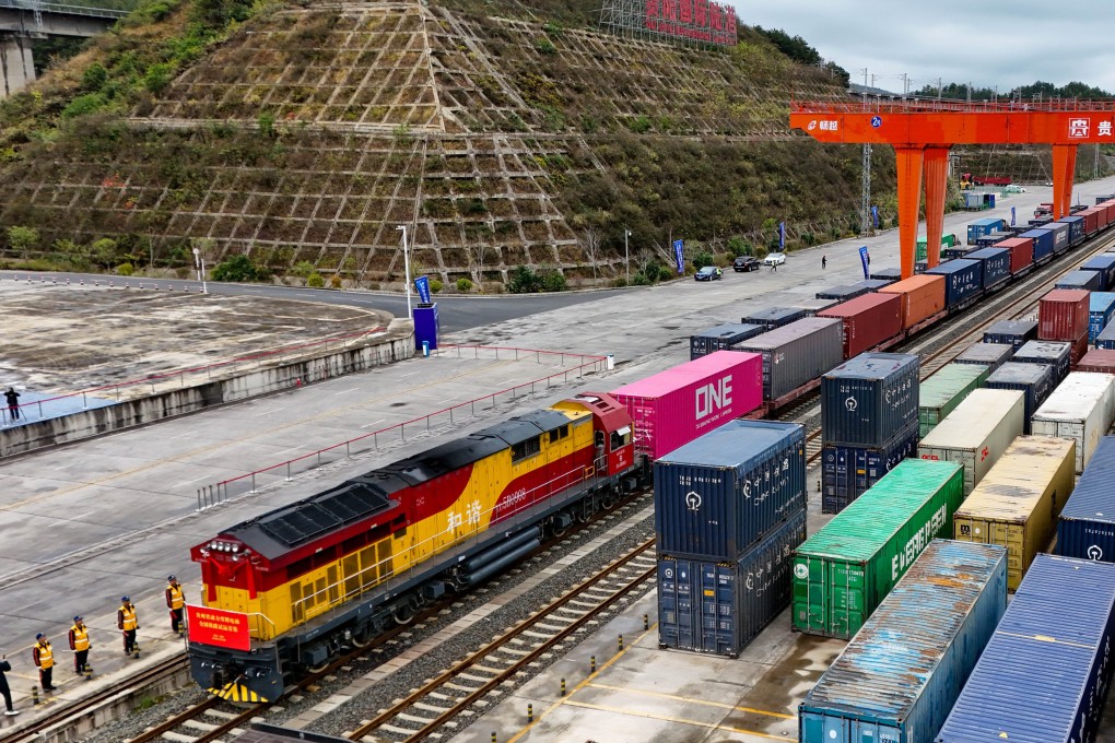 On Tuesday, a train is shown loaded with lithium batteries at Dulaying international land-sea logistics port in Guiyang, in Guizhou province. Xinhua said 3 trains loaded with lithium batteries left from Chongqing, Guiyang and Yibin on Tuesday, marking the first large-scale test of rail transport for the  batteries in China. Photo: Xinhua
