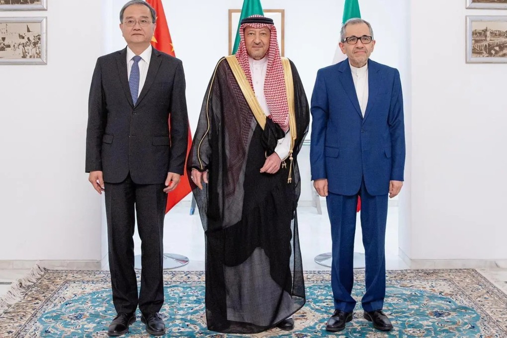 Saudi Arabia’s deputy foreign minister Waleed bin Abdulkarim El-Khereiji (centre) with his Chinese and Iranian counterparts, Deng Li (left) and Majid Takht-Ravanchi (right) in Riyadh on Tuesday. Photo: SPA