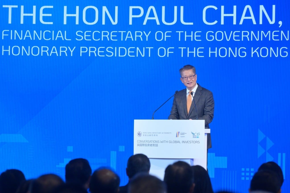 Financial Secretary Paul Chan delivers his keynote speech at the Global Financial Leaders’ Investment Summit on Wednesday. Photo: Handout from ISD