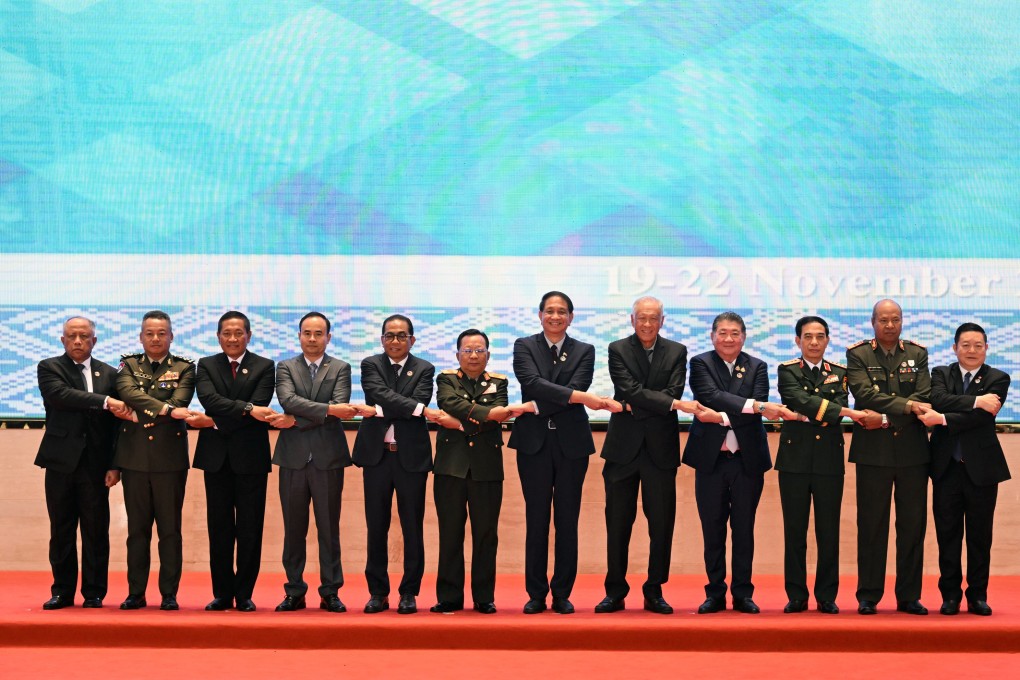 Asean defence ministers attend the ADMM-Plus meeting in Laos on Wednesday. Photo: Asean Secretariat/EPA-EFE