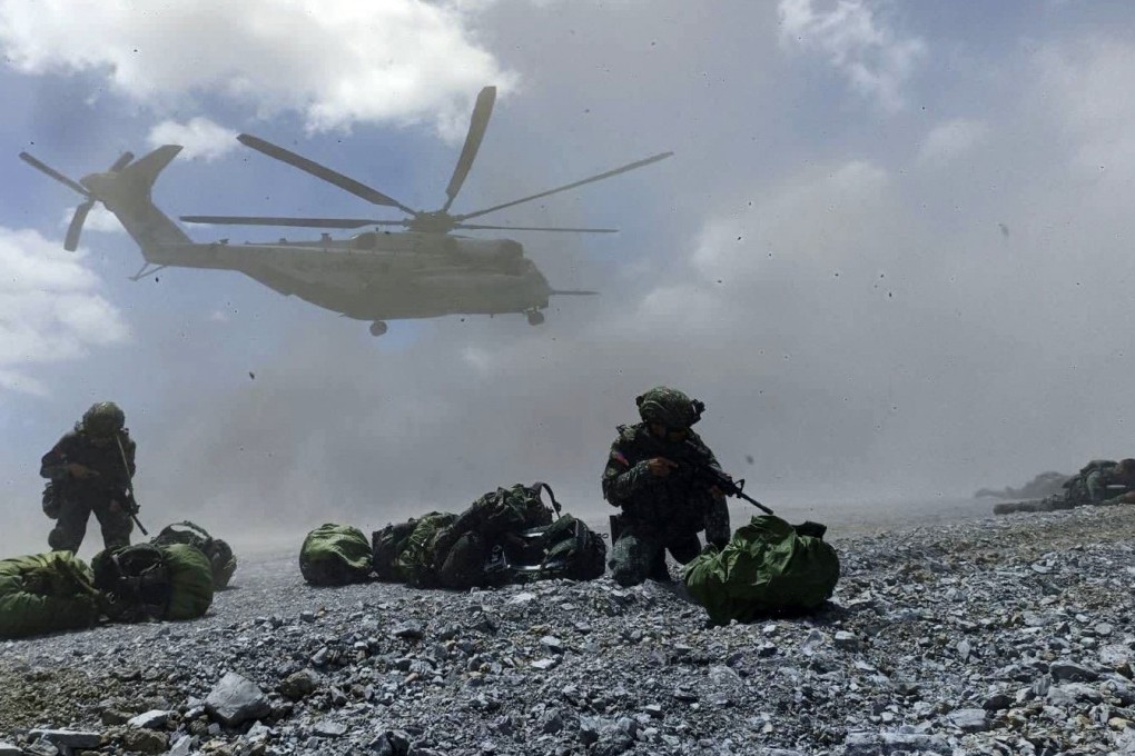 Air assault exercises conducted by Philippine Marines and their counterparts from the US Marine Corps in Palawan province on April 26, 2024, part of joint military drills. Photo: Armed Forces of the Philippines/EPA-EFE