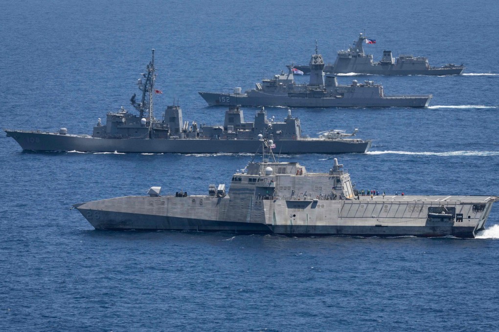 Vessels from Australia, the US, Japan and the Philippines sail in formation during joint drills in April. Photo: Australian Department of Defence/AFP