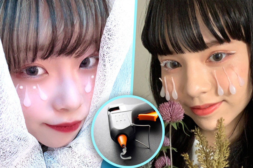 Japan’s latest make-up trend, popular among teenage girls, involves using hot melted glue to create droplet shapes that mimic tears. Photo: SCMP composite/Shutterstock/IG@_griiiiz/X.com