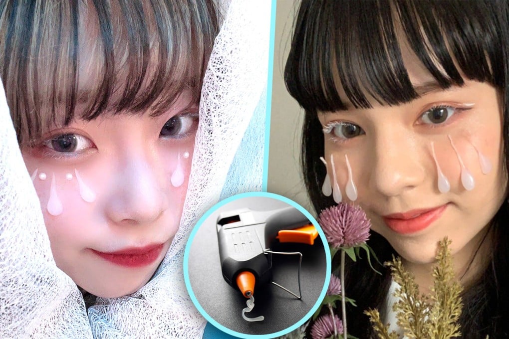 Japan’s latest make-up trend, popular among teenage girls, involves using hot melted glue to create droplet shapes that mimic tears. Photo: SCMP composite/Shutterstock/IG@_griiiiz/X.com
