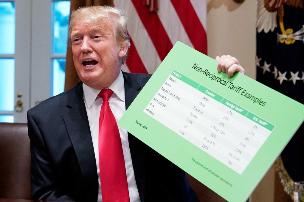 US president Donald Trump (right) holds a tariff table as he speaks in the Cabinet Room of the White House on January 24, 2019. Photo: AFP