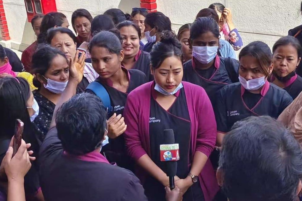 Female gig workers at a rally organised by India’s first dedicated union for female gig workers. Photo: GIPSWU