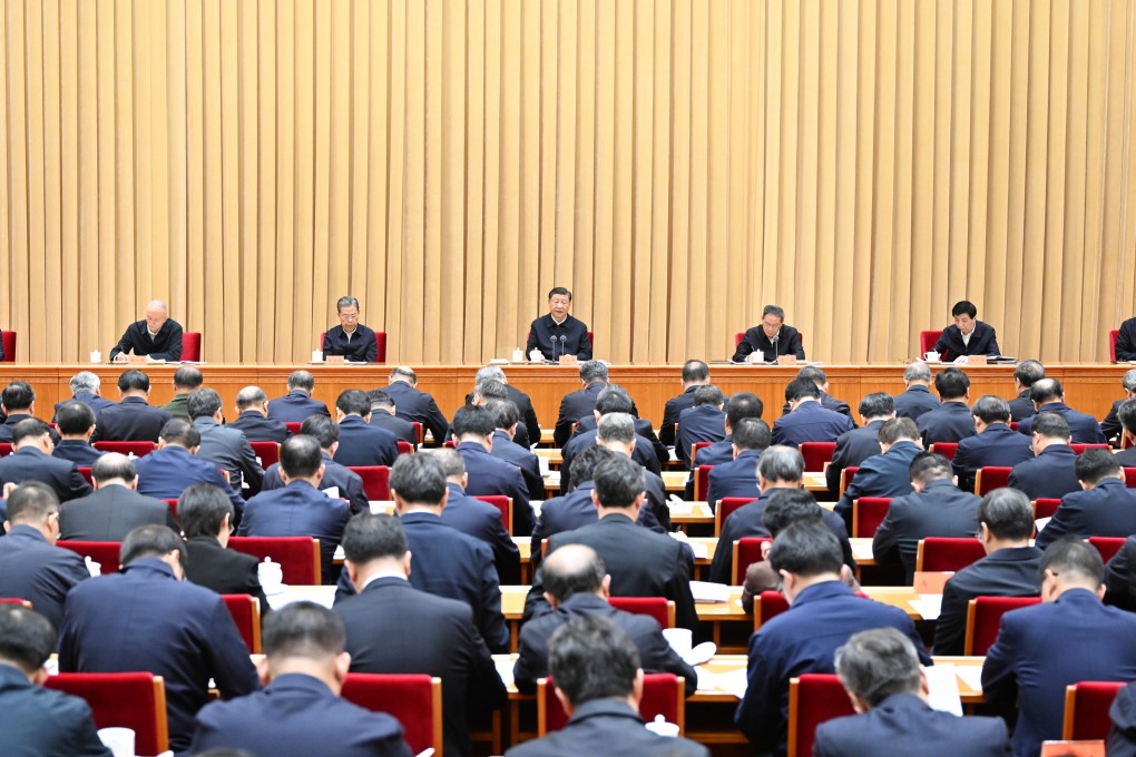 President Xi Jinping (centre) speaks at the five-yearly central financial work conference in Beijing on October 31, 2023, where the strengthening of centralised and unified leadership over the financial sector was emphasised. Photo: Xinhua