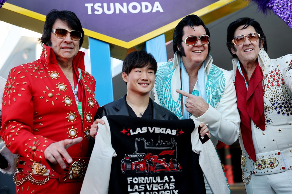 RB’s Yuki Tsunoda with performers dressed as Elvis Presley before practice in Las Vegas. Tsunoda had flown in ahead of his team for a promotional event. Photo: Reuters