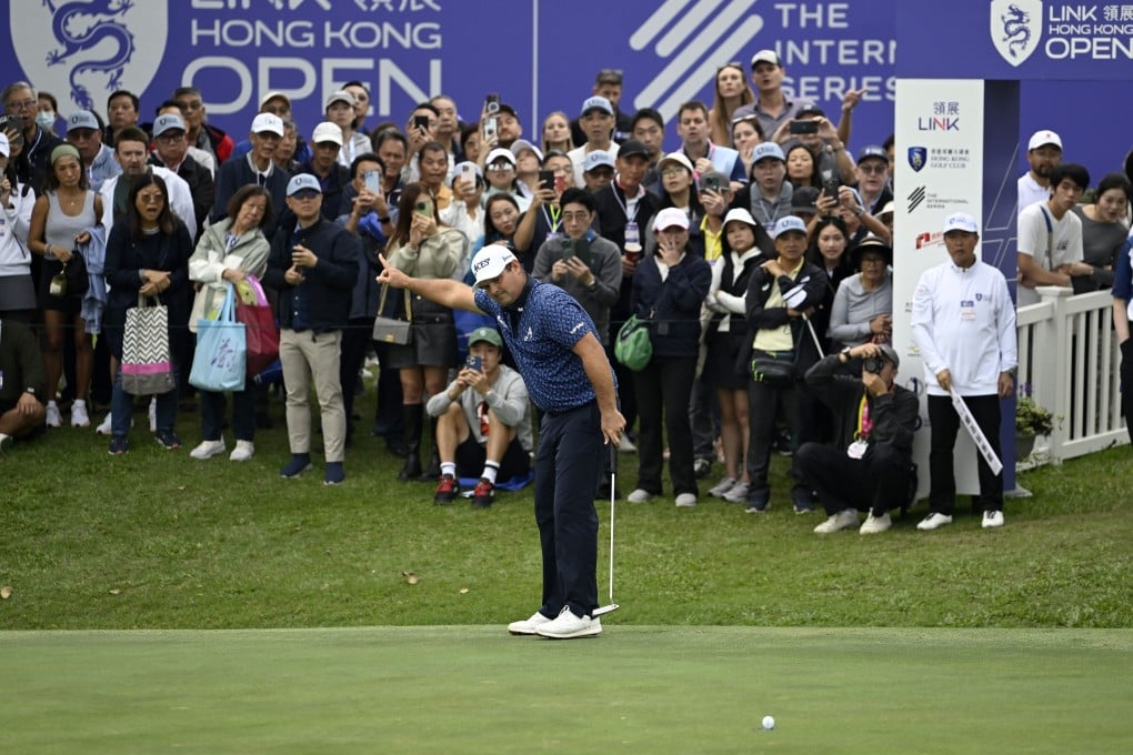 Patrick Reed starts celebrating as his birdie putt heads to the hole on the 18th during the third round of the Link Hong Kong Open. Photo: Asian Tour.