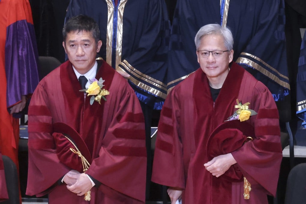 Hong Kong actor Tony Leung (left) and Nvidia CEO Jensen Huang received their honorary doctorates at the Hong Kong University of Science and Technology on Saturday. Photo: Jonathan Wong