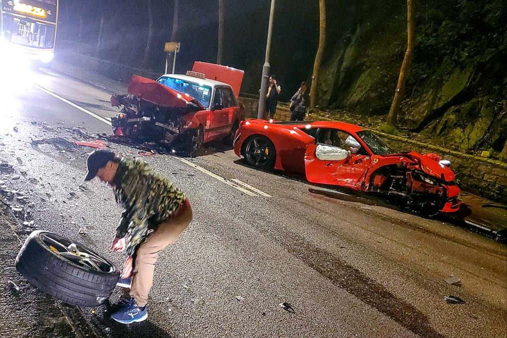 An image from the internet shows the Ferrari and taxi badly damaged on the debris-strewn road in Braemar Hill. Photo: Facebook