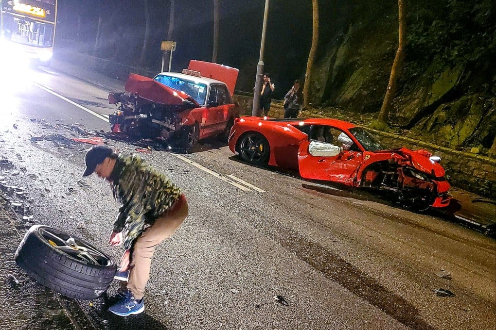 An image from the internet shows the Ferrari and taxi badly damaged on the debris-strewn road in Braemar Hill. Photo: Facebook