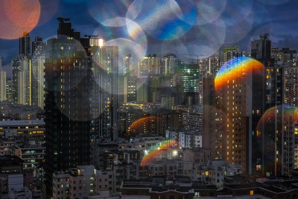 Raindrops on the camera lens refract a night view of Hong Kong’s Sham Shui Po district on November 19, 2024. Photo: Eugene Lee