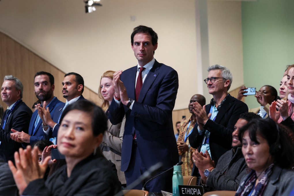 European Commissioner for Climate Action Wopke Hoekstra applauds during a closing plenary meeting at Cop29 in Baku, Azerbaijan, on Saturday. Photo: Reuters