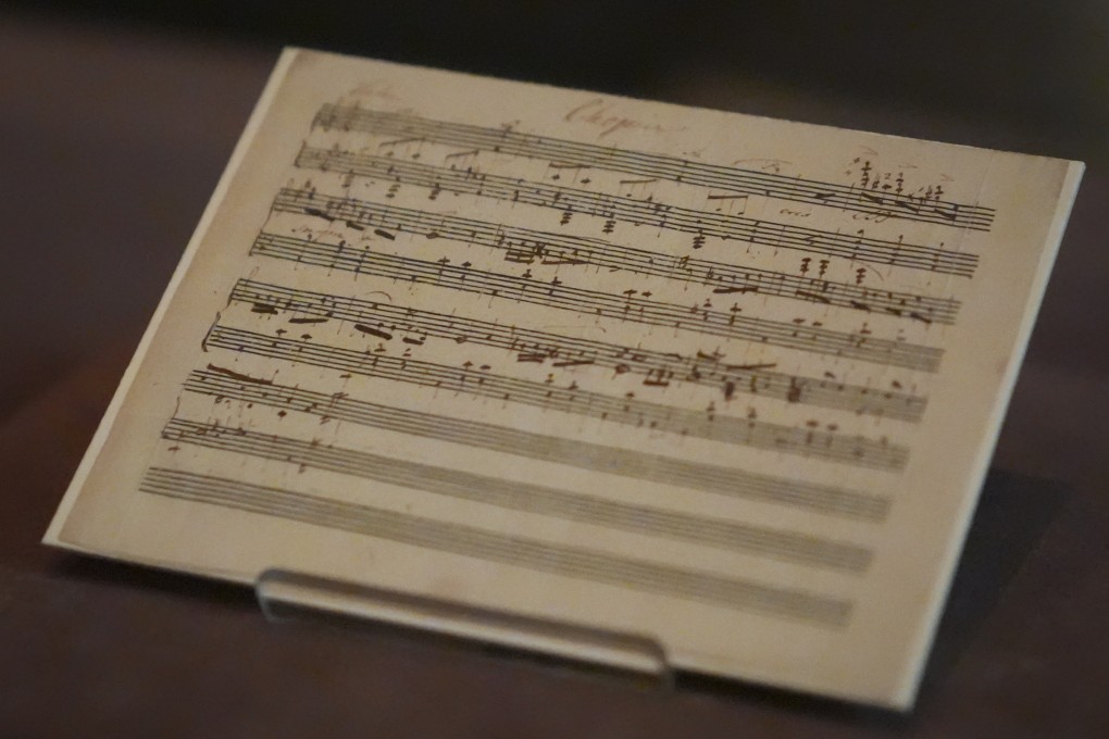 A previously unknown musical manuscript, possibly by Frederic Chopin, rests in a display case after it was discovered at The Morgan Library & Museum in New York. Its authenticity remains debated. Photo: AP