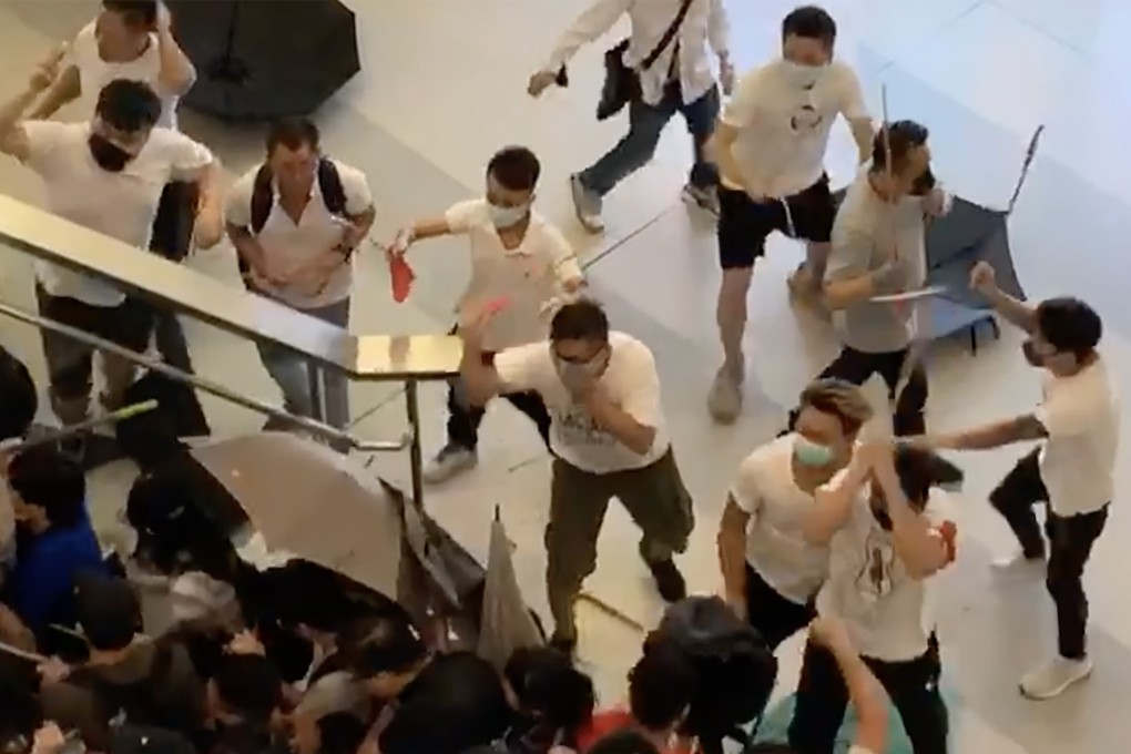 Around 100 white-clad men with rattan and wooden sticks injured 45 people at Yuen Long MTR station on the night of July 21, 2019. Photo: Handout