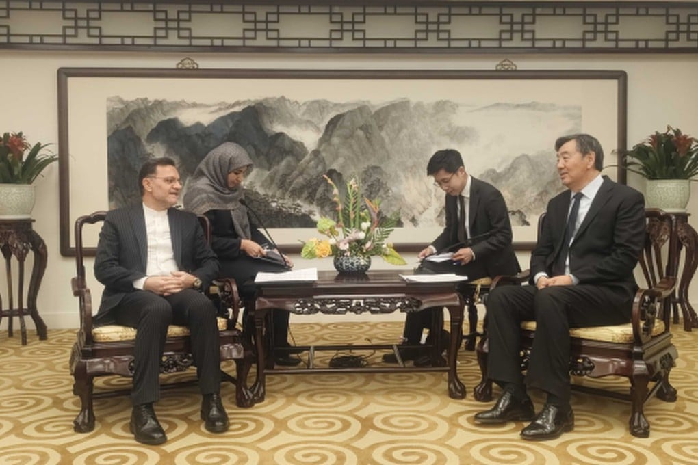 China’s special envoy for Middle East affairs Zhai Jun (right) meets Iranian ambassador to China Mohsen Bakhtiyar (left) on Monday in Beijing. Photo: Chinese Foreign Ministry