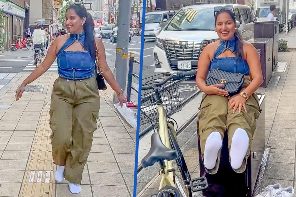 An Indian KOL walks without shoes to assess Japan’s cleanliness, surprised to discover that her white socks stay pristine. Photo: SCMP composite/IG@simranbalarjain