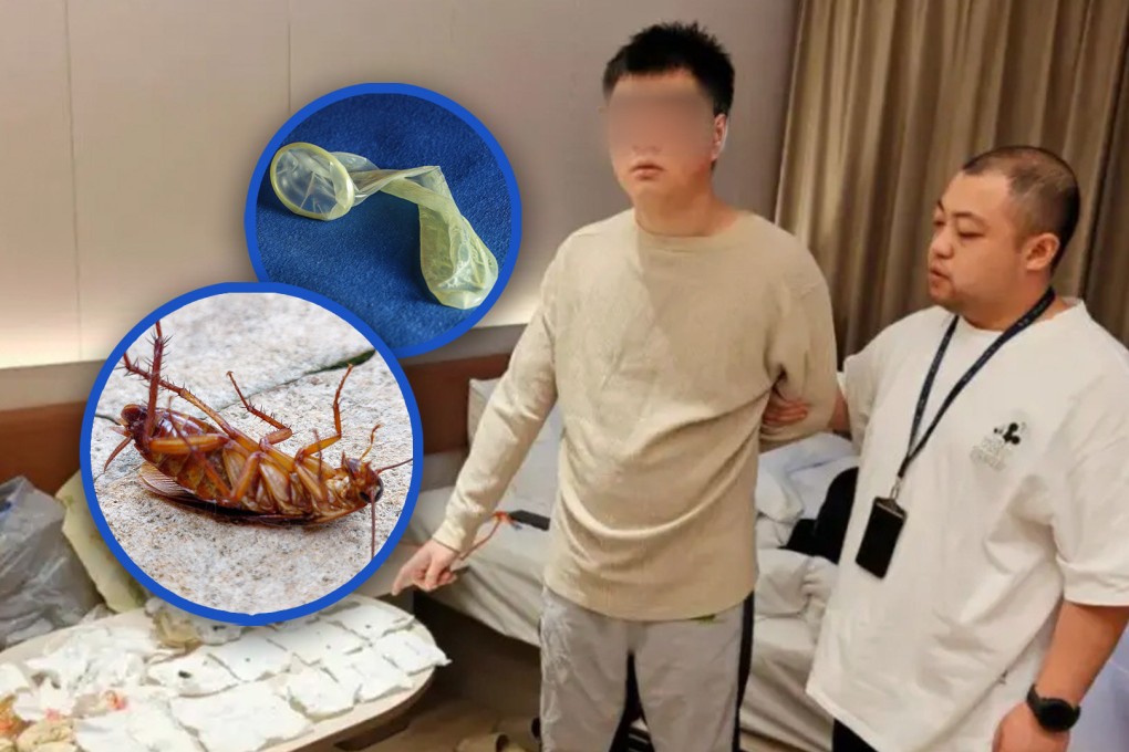 When his travel fund ran dry, Jiang devised a scheme to scam hotels using dead roaches and dirty condoms. Photo: SCMP composite/Shutterstock/Douyin