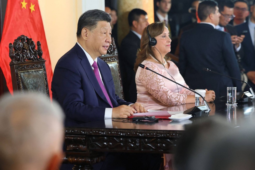 President Xi Jinping with Peru’s President Dina Boluarte during the virtual inauguration ceremony of the Chancay megaport. Photo: AFP