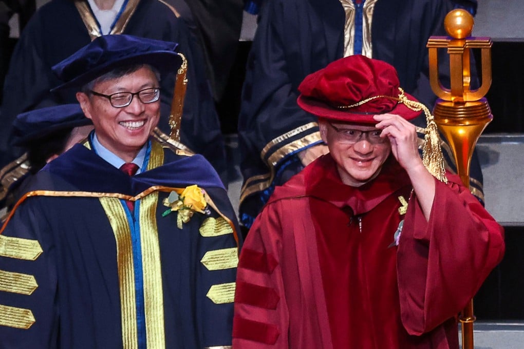 Nvidia President and CEO Jensen Huang (seen right at an honourary doctorate ceremony at HKUST this month) has said Hong Kong must capitalise on the strength of the mainland in AI and the growing strength of the region in mechatronics. Photo: Jonathan Wong