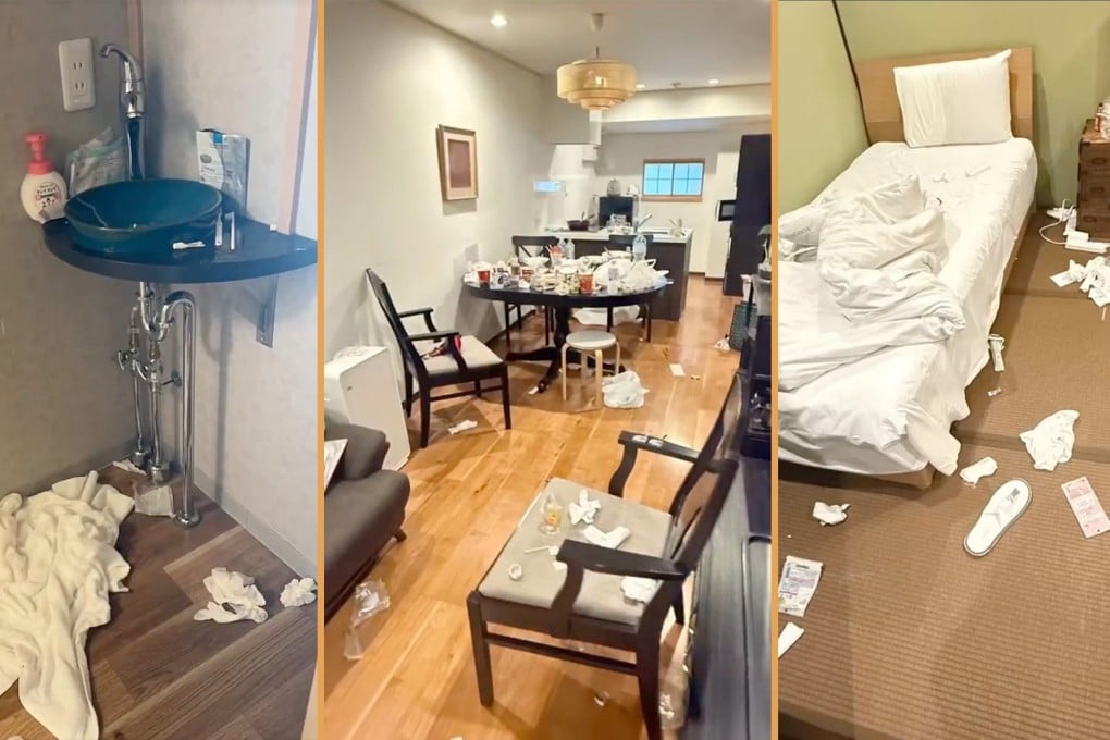 Photos shared by the blogger depict a dishevelled scene, with empty food packages and various debris strewn across the three-bedroom homestay. Photo: SCMP composite/X.com