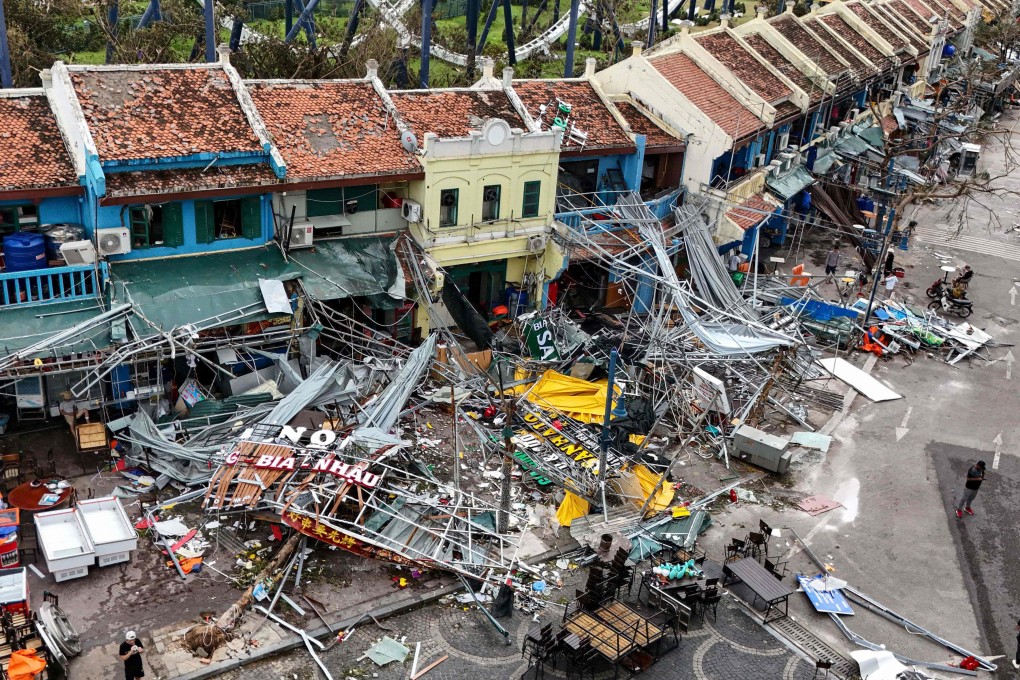 Damaged buildings and debris on a street after Super Typhoon Yagi hit Ha Long, in Vietnam’s Quang Ninh province, on September 8. Photo: AFP