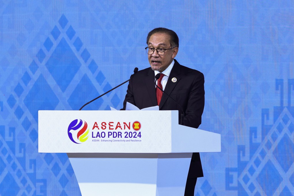 Malaysian Prime Minister Anwar Ibrahim speaks during the closing ceremony of the 44th and 45th Asean Summits and Related Summits in Vientiane, Laos, on October 11. Malaysia assumes chairmanship of Asean on January 1 next year. Photo: Reuters