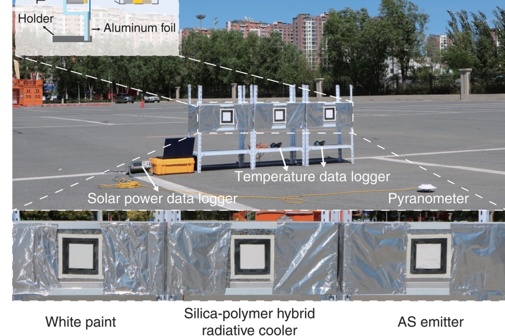 The researchers test their emitter (right) against conventional radiative cooling material (centre) and white paint (left). Photo: Handout