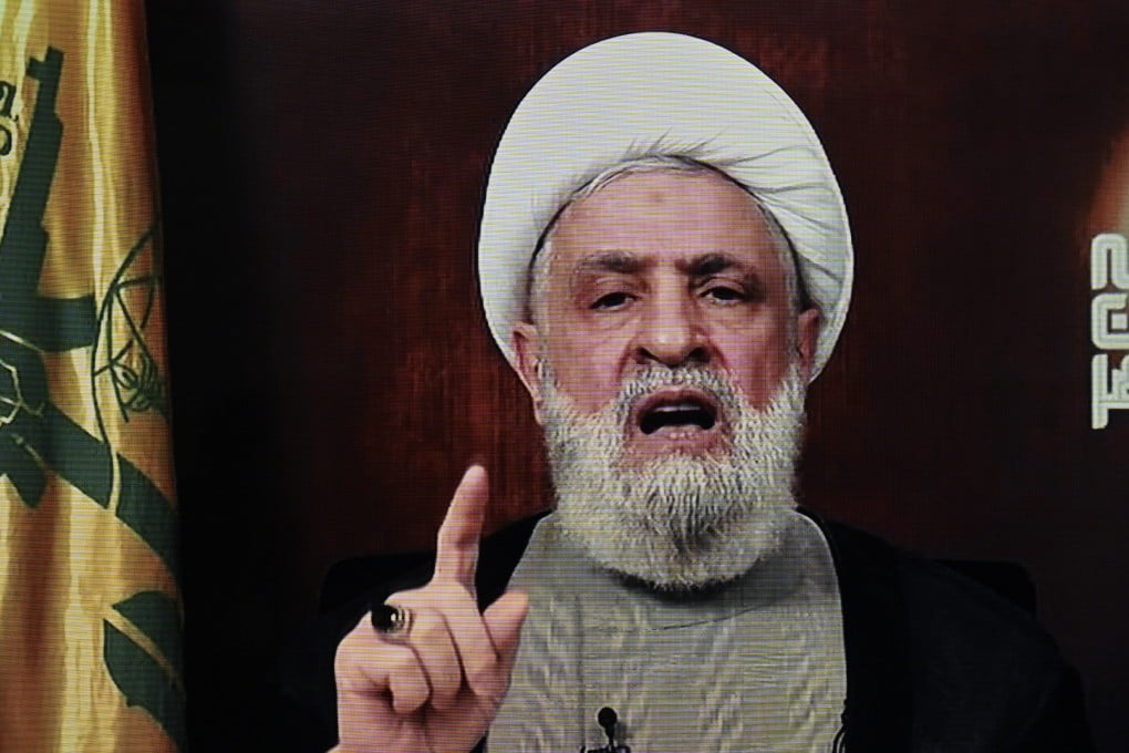 Hezbollah leader Naim Qassem delivering a televised speech broadcasted on Hezbollah’s al-Manar TV channel on Friday. Photo: EPA-EFE