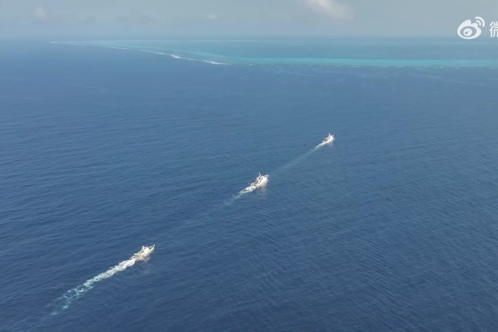 The Chinese coastguard says it has “continuously strengthened law enforcement patrols in the territorial waters and surrounding areas of China’s Huangyan Island” since early November. Photo: Weibo/ 中國海警