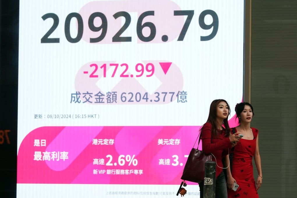 Women walk past a screen showing the Hang Seng Index in Central, Hong Kong, on October 8. The index has declined 16 per cent in the past 10 years while the S&P 500 index has increased almost 190 per cent during the same period. Photo: Eugene Lee
