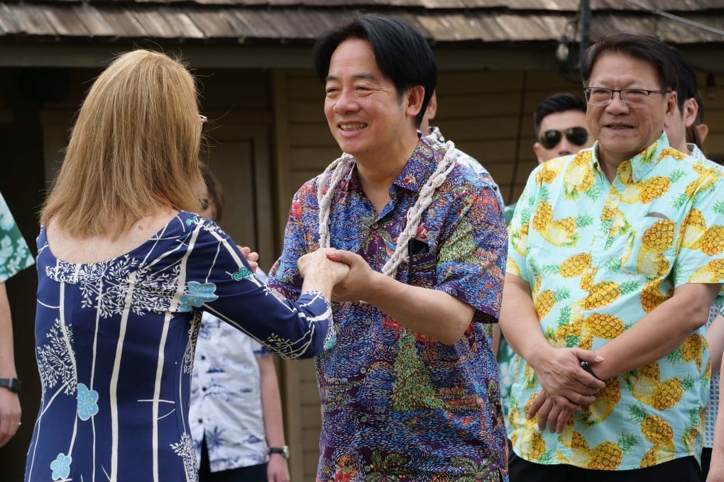 Taiwanese leader Lai Ching-te (centre) greets Bishop Museum director Dee Jay Mailer in Honolulu, Hawaii, on Saturday. Photo: AFP