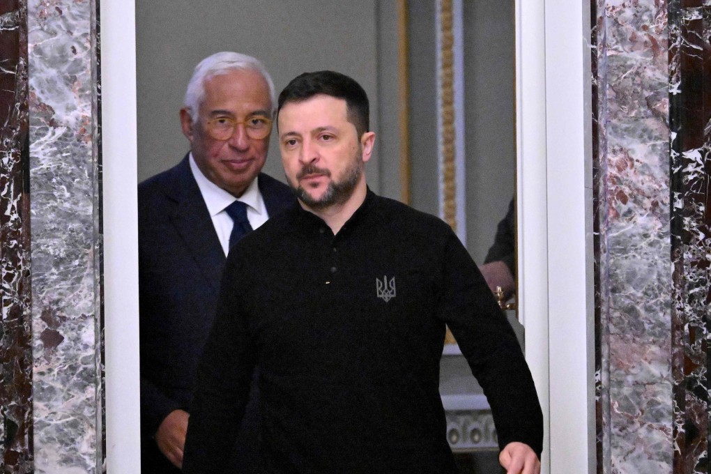 President of Ukraine Volodymyr Zelensky (R) and new European Council President Antonio Costa arrive for a press conference following talks in Kyiv on Sunday. Photo:  AFP