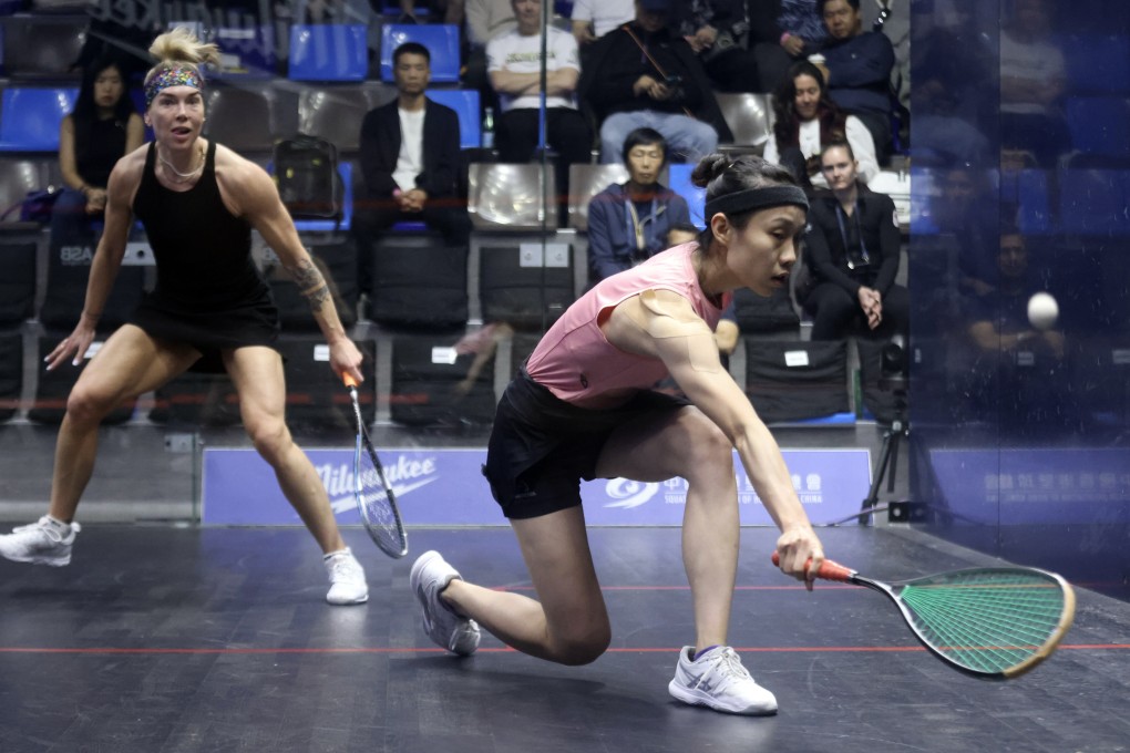 Hong Kong’s top player, Tomato Ho (right), lost to Scotland’s Lisa Aitken in the first round of the Hong Kong Squash Open. Photo: Jonathan Wong