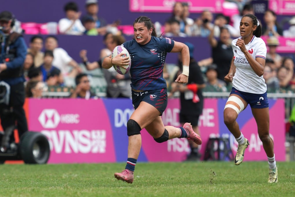 The US’ Ilona Maher races away with the ball from France’s Anne-Cécile Ciofani on day three of the Hong Kong Sevens in April. Photo: Elson Li