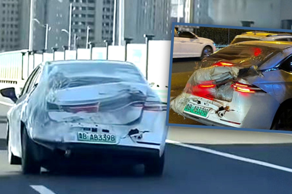 Photos of a damaged ride-hailing car in China with a taped-up boot went viral, raising safety concerns and prompting official intervention for repairs. Photo: SCMP composite/Douyin