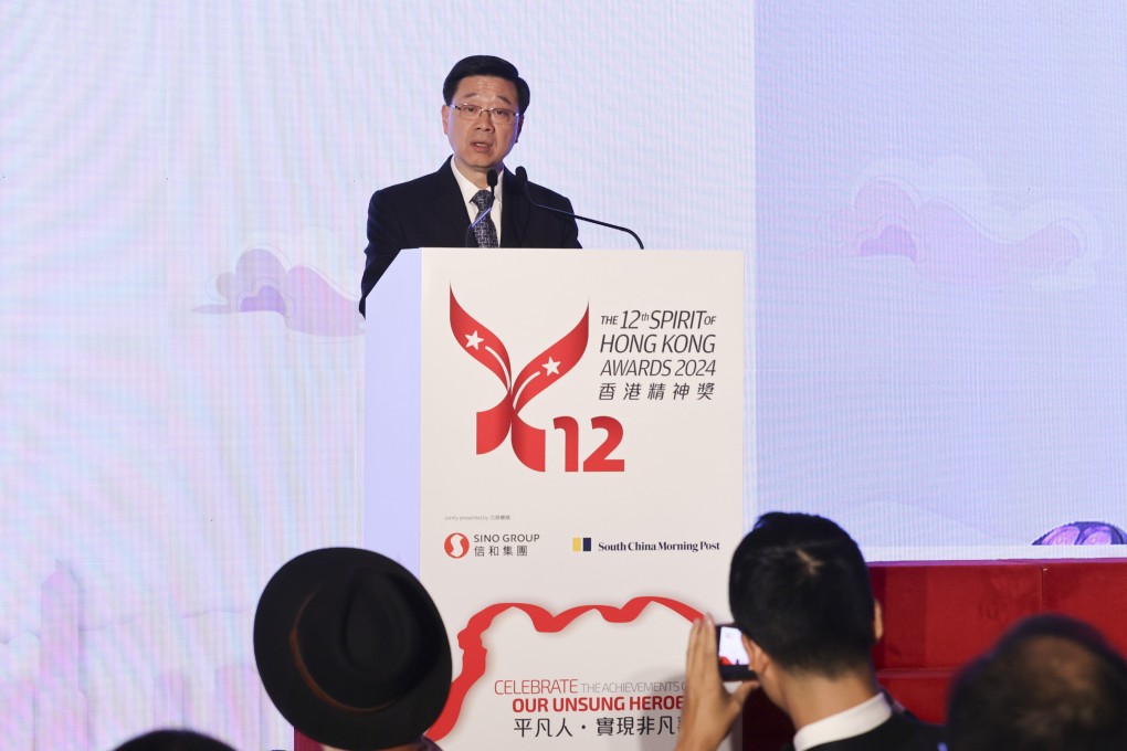 Chief Executive John Lee Ka-chiu delivers a speech at the Spirit of Hong Kong Awards on Tuesday. Photo: Nora Tam