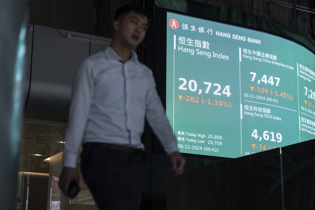A person walks past an electronic screen displaying the Hang Seng Index on November 6. AP Photo
