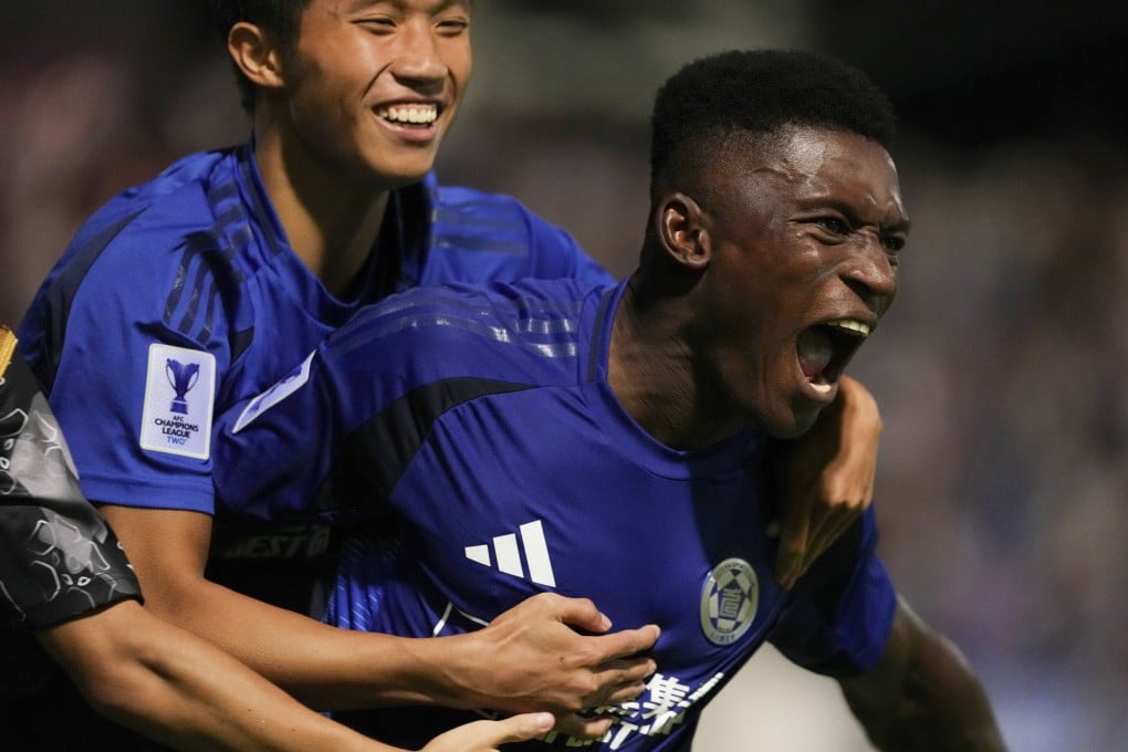 Noah Baffoe (right) celebrates his strike in Eastern’s 3-2 home defeat by Sanfrecce Hiroshima. Photo: Elson Li