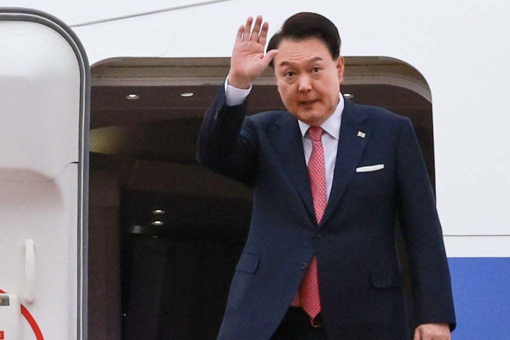 South Korean President Yoon Suk-yeol boards the presidential plane at Seoul Air Base in Seongnam last month. Photo: Yonhap/EPA-EFE