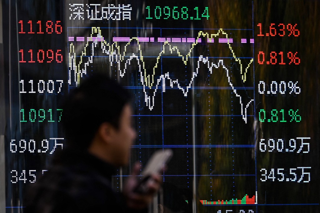A man walks by a screen tracking Chinese stocks in Beijing. Photo: Agence France Presse