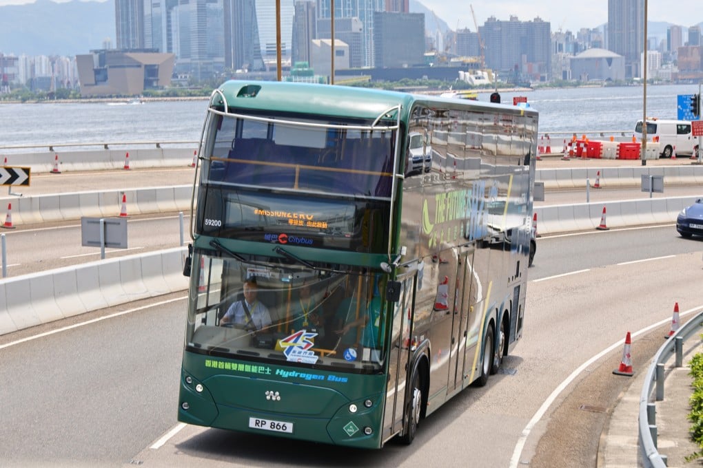A hydrogen-powered bus completes its first cross-harbour trip for Citybus on July 14, 2024. Photo: Dickson Lee