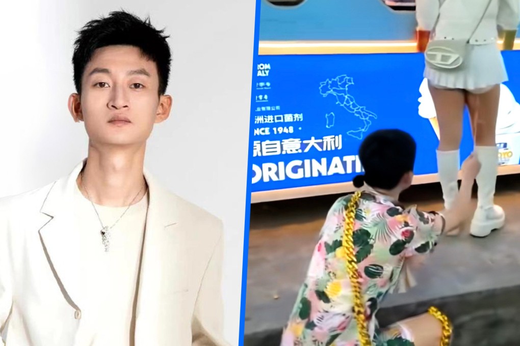 A Chinese KOL with 46 million followers was detained for poking a woman in a miniskirt with a stick during a live-stream. 
Photo: SCMP composite/Douyin